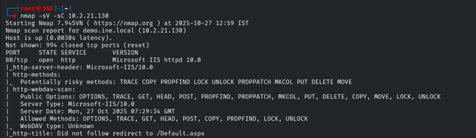 Nmap scan - IIS and WebDAV methods