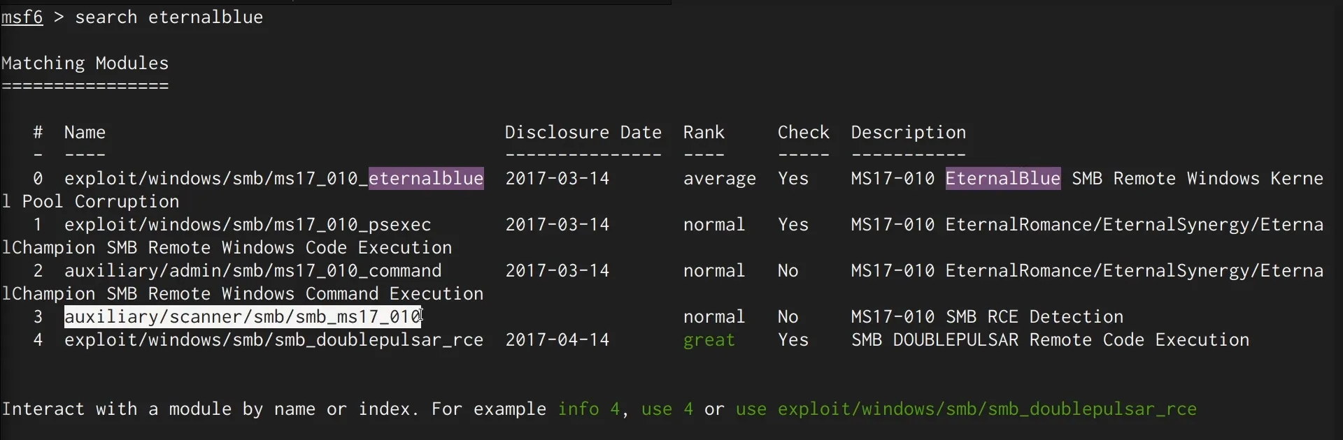 Searching EternalBlue modules in Metasploit