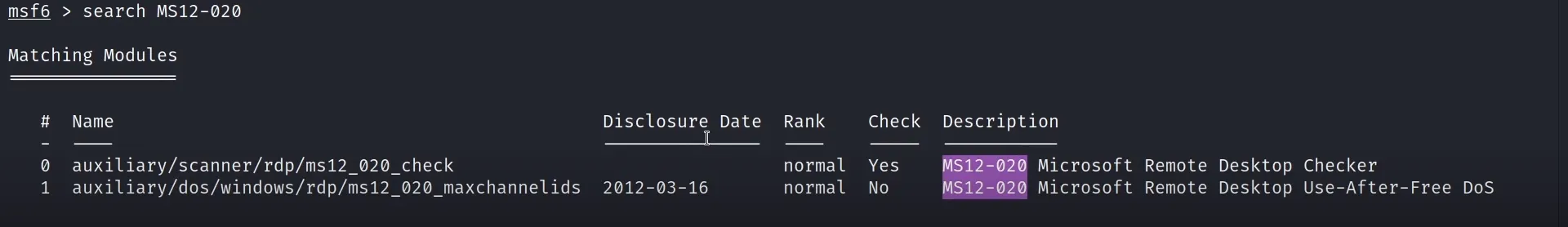 Searching MS12-020 modules