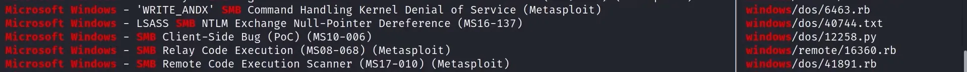 searchsploit SMB results (cont.)