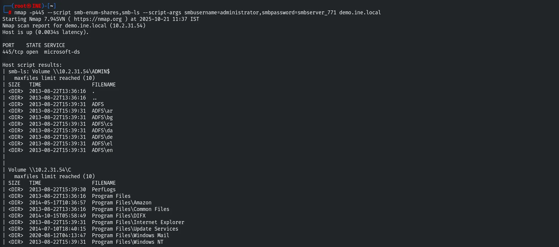 smb-ls - ADMIN$ and C listings
