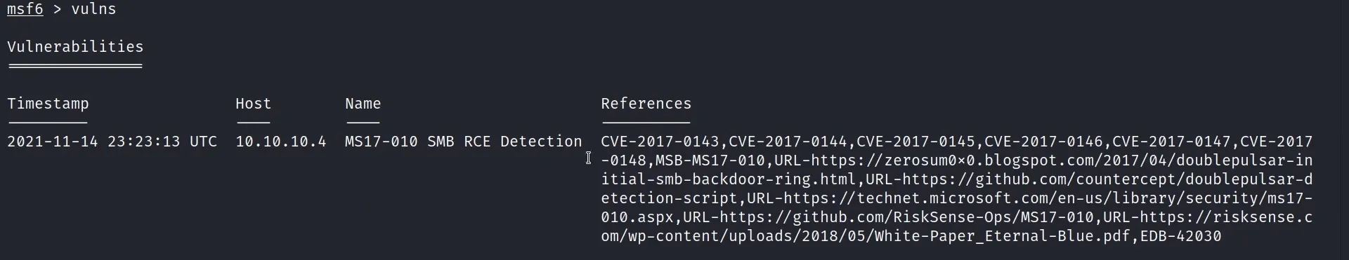 vulns command - MS17-010