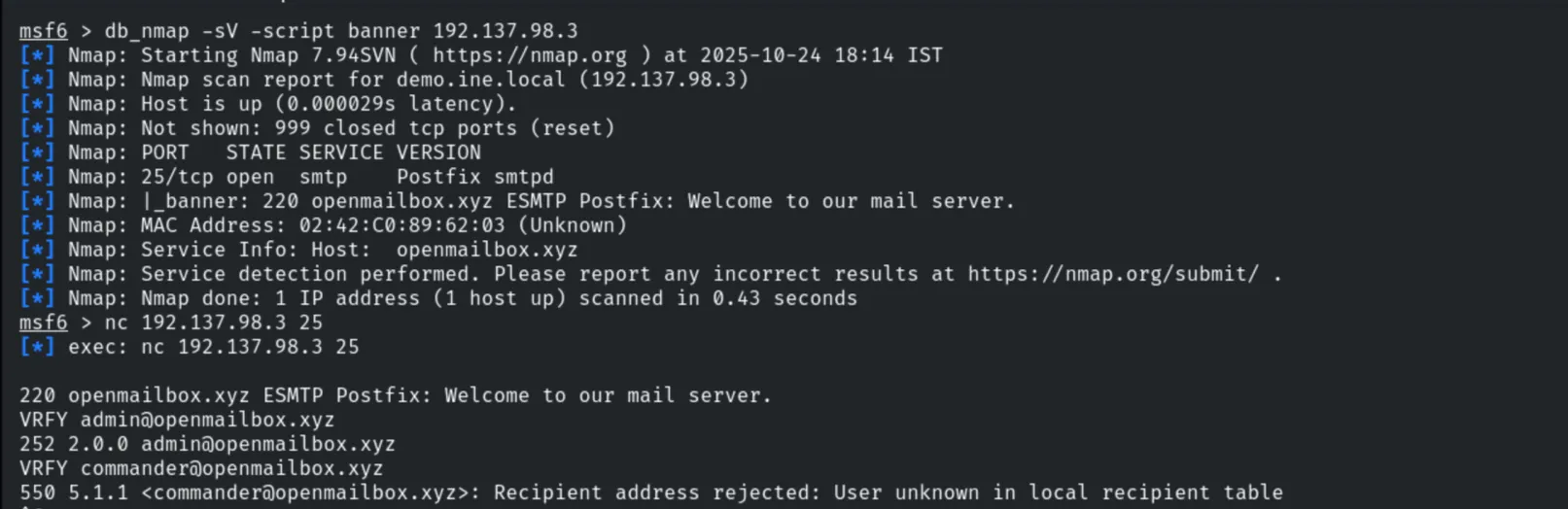 Nmap banner scan and manual VRFY check