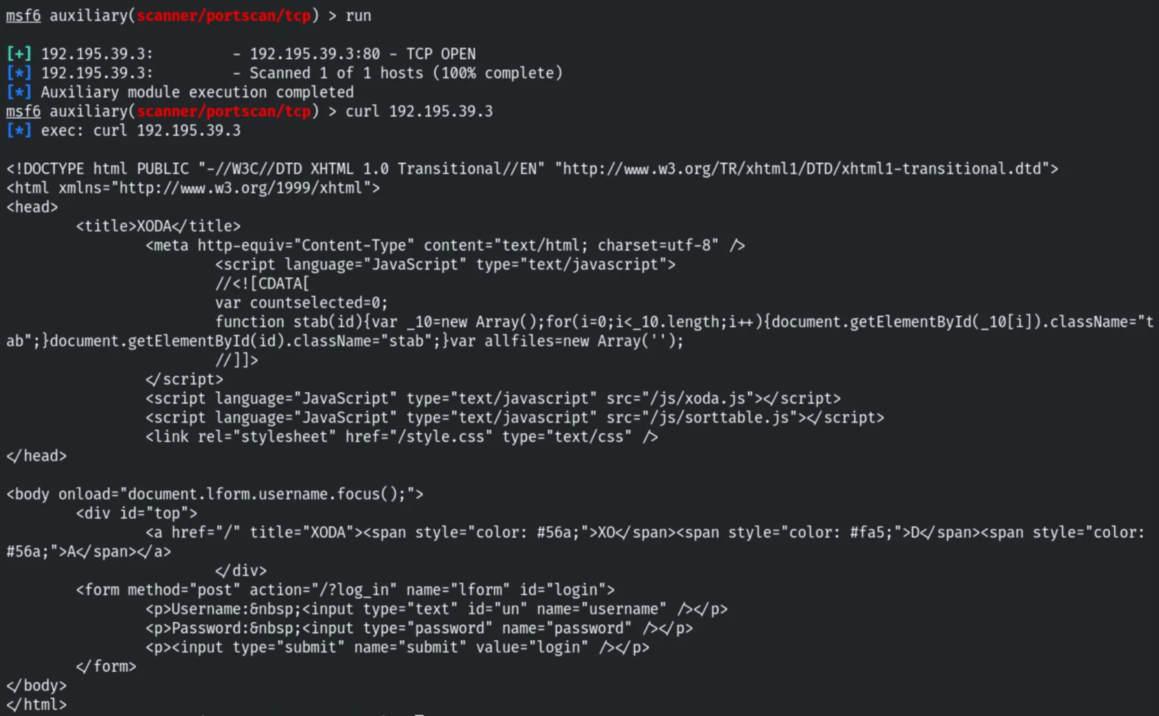 Port 80 open and XODA page via curl