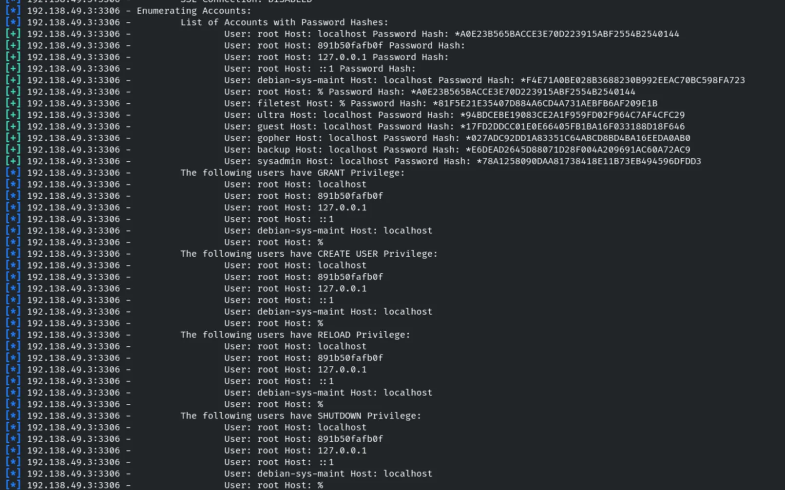mysql_enum - accounts and password hashes
