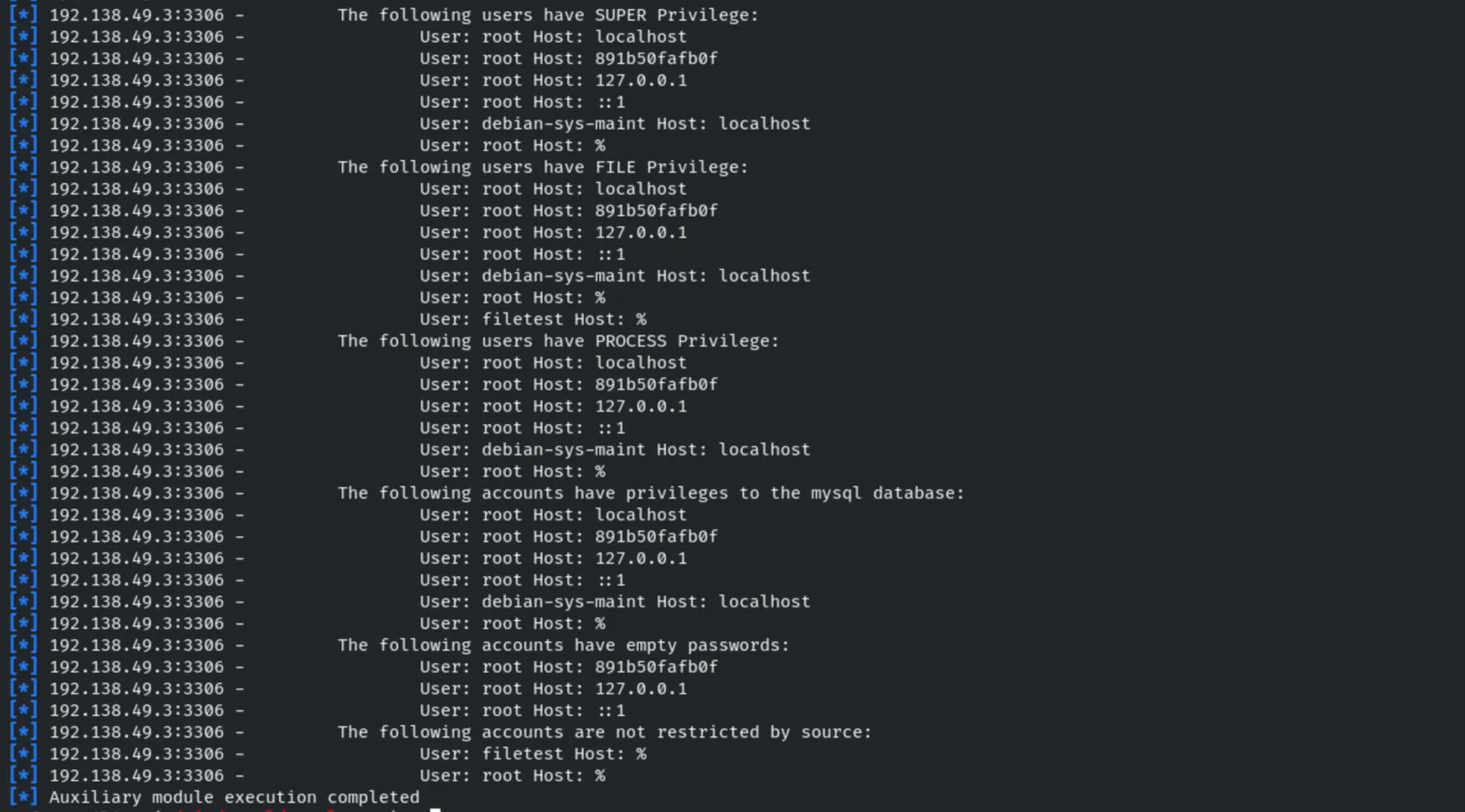 mysql_enum - privileges and weak accounts