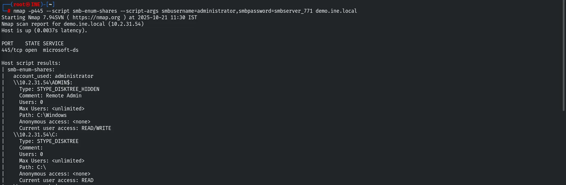 smb-enum-shares with administrator credentials